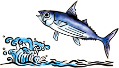 波と跳ねる魚のイラスト